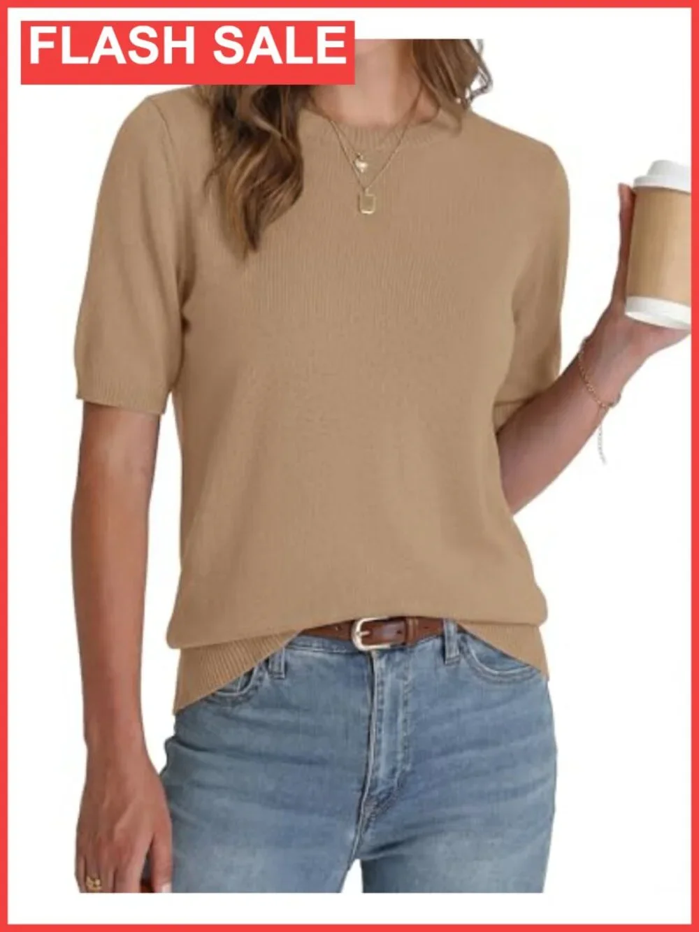 Womens Short Sleeve Crew Neck Pullover Sweater Lightweight Knit Top
